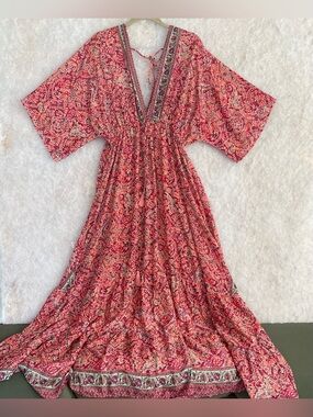 Pink paisley Maxi Dress With Batwing Sleeves(SKU721)